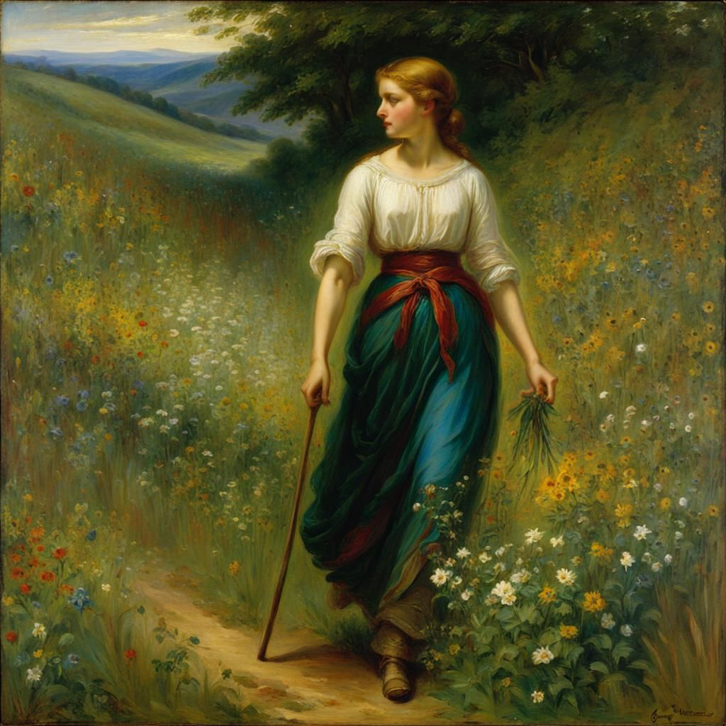 Woman in Wildflower Meadow, Pre-Raphaelite Style