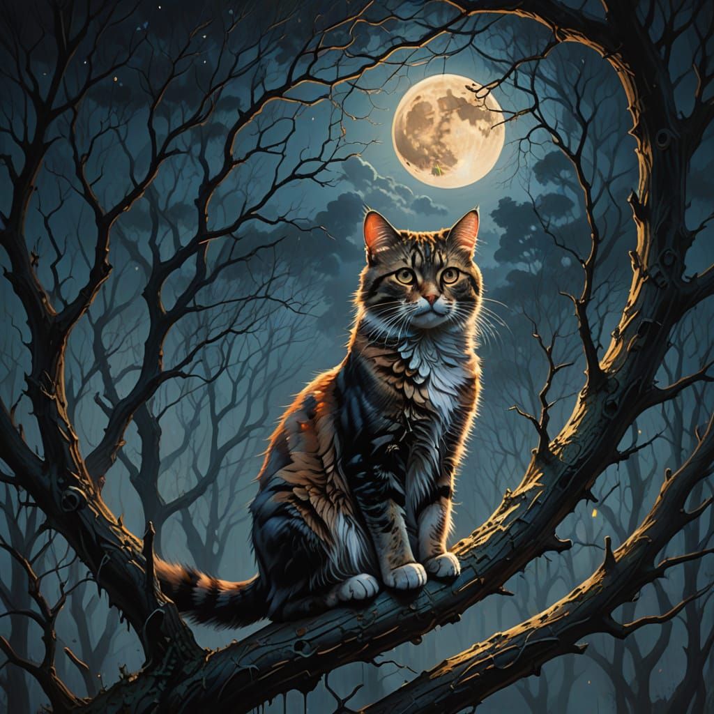 Eerie Oil Painting of a Cat on a Branch