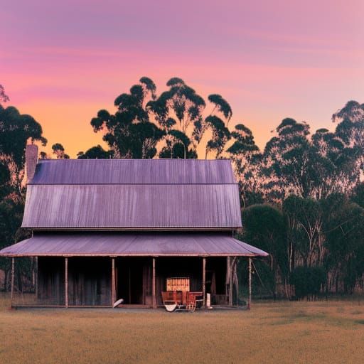 Rustic Farmhouse at Sunset in Tonalist Style