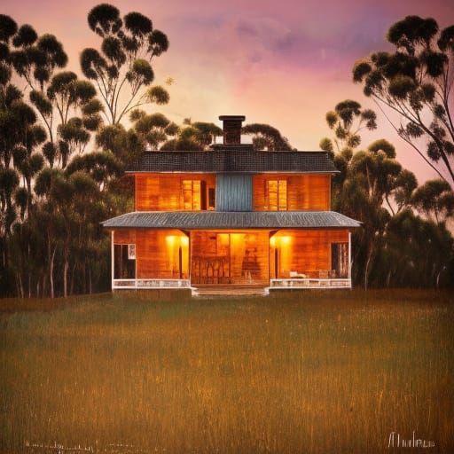 Rustic Farmhouse at Sunset in Tonalist Style