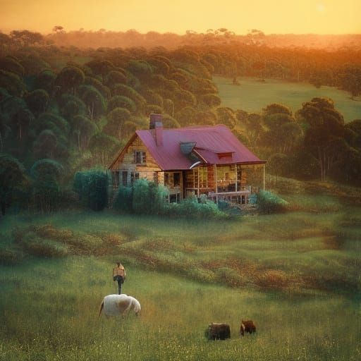 Rustic Farmhouse at Sunset in Tonalist Style