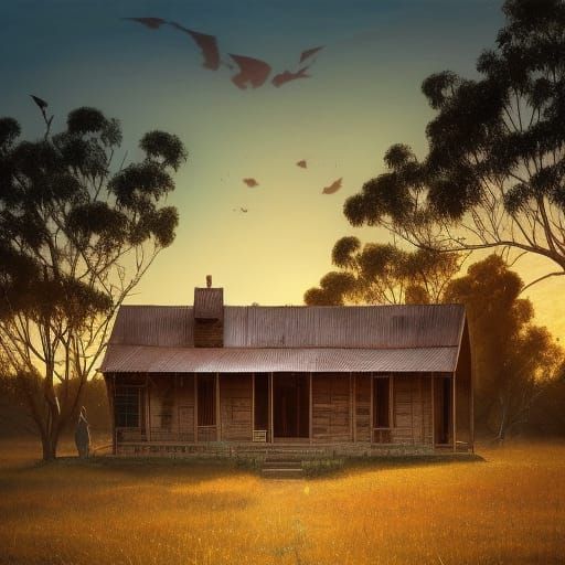 Rustic Farmhouse at Sunset in Tonalist Style