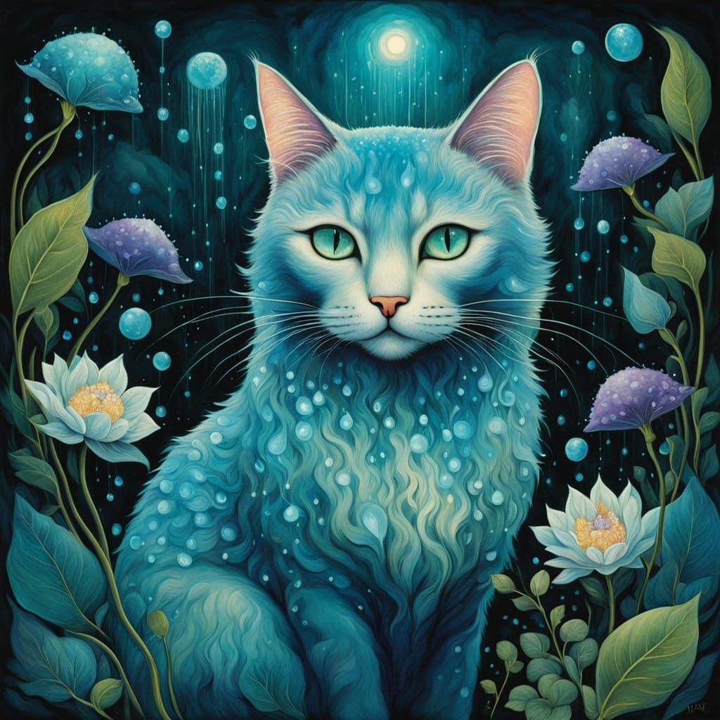 Surreal Water Cat Radiates Turquoise-Blue Glow in Lush, Vibr...