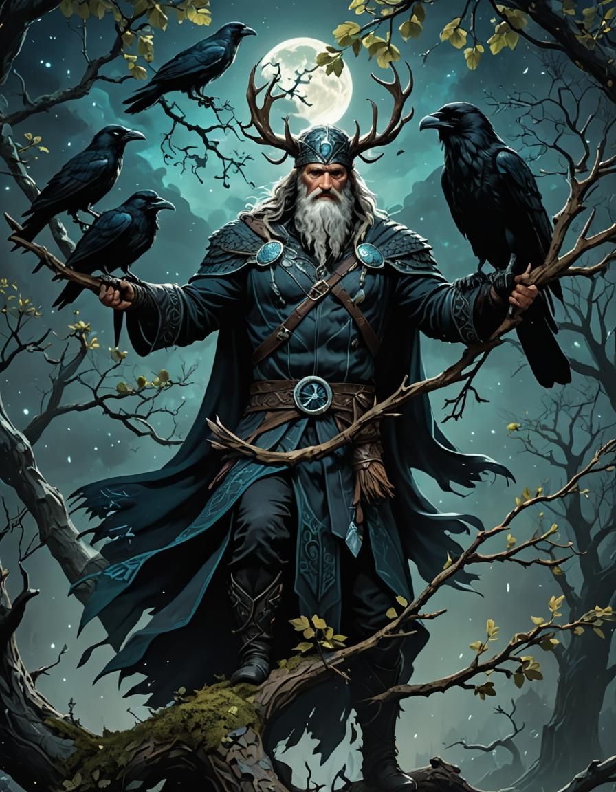 Odin on Yggdrasil: Norse Mythology Dark Fantasy Illustration