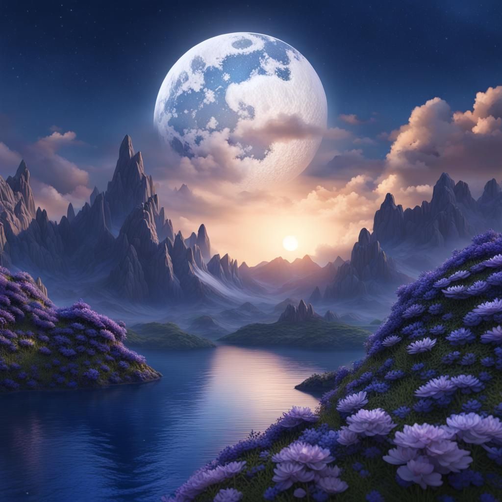 Blue Crescent Moon Fantasy Landscape in Digital Art