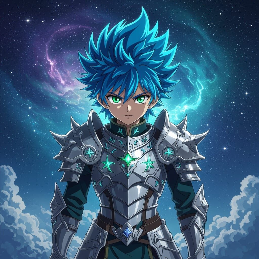 Anime Hero in Silver Armor on Floating Island