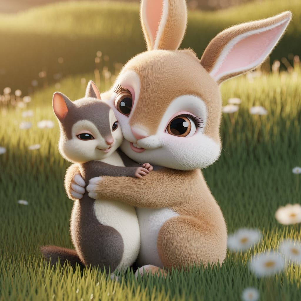 Bunny and Chipmunk Snuggling in a Meadow, 3D Render