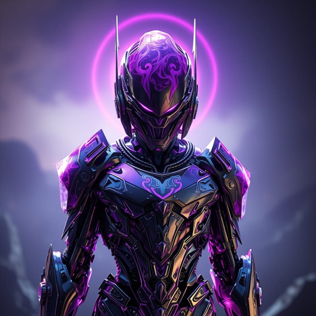 Cybernetic Warrior in Luminous Purple Armor