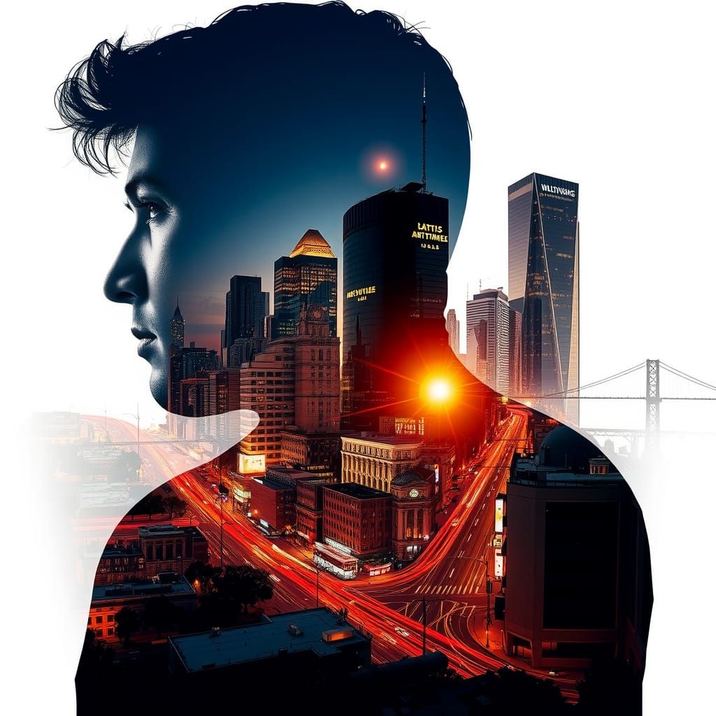 Dynamic Double Exposure: Man and Vibrant Cityscape