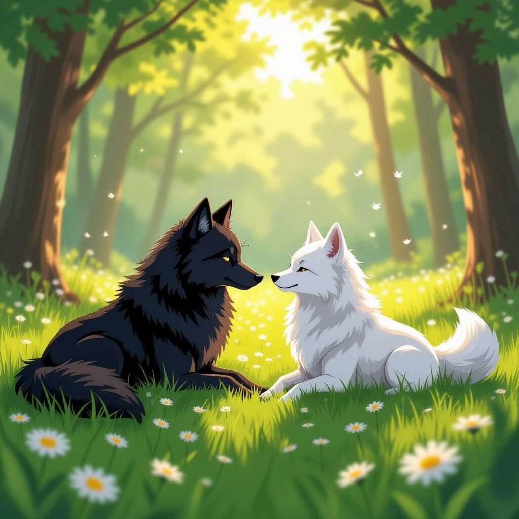 Wolves Playing in Forest Glade: Anime Manga Style