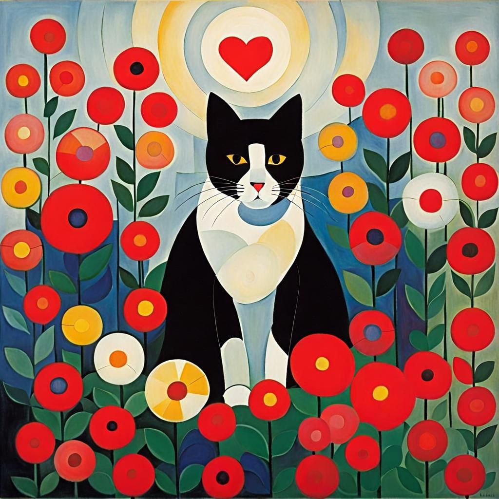 Abstract Cat with Flowers in Suprematist Style