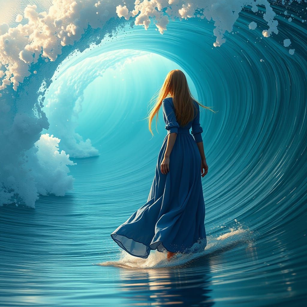 Girl Walking on Water Behind a Wave, Digital Art