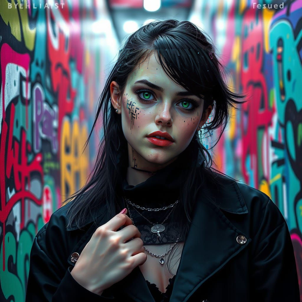 Goth Woman Lost in Neon Digital Dreamscape