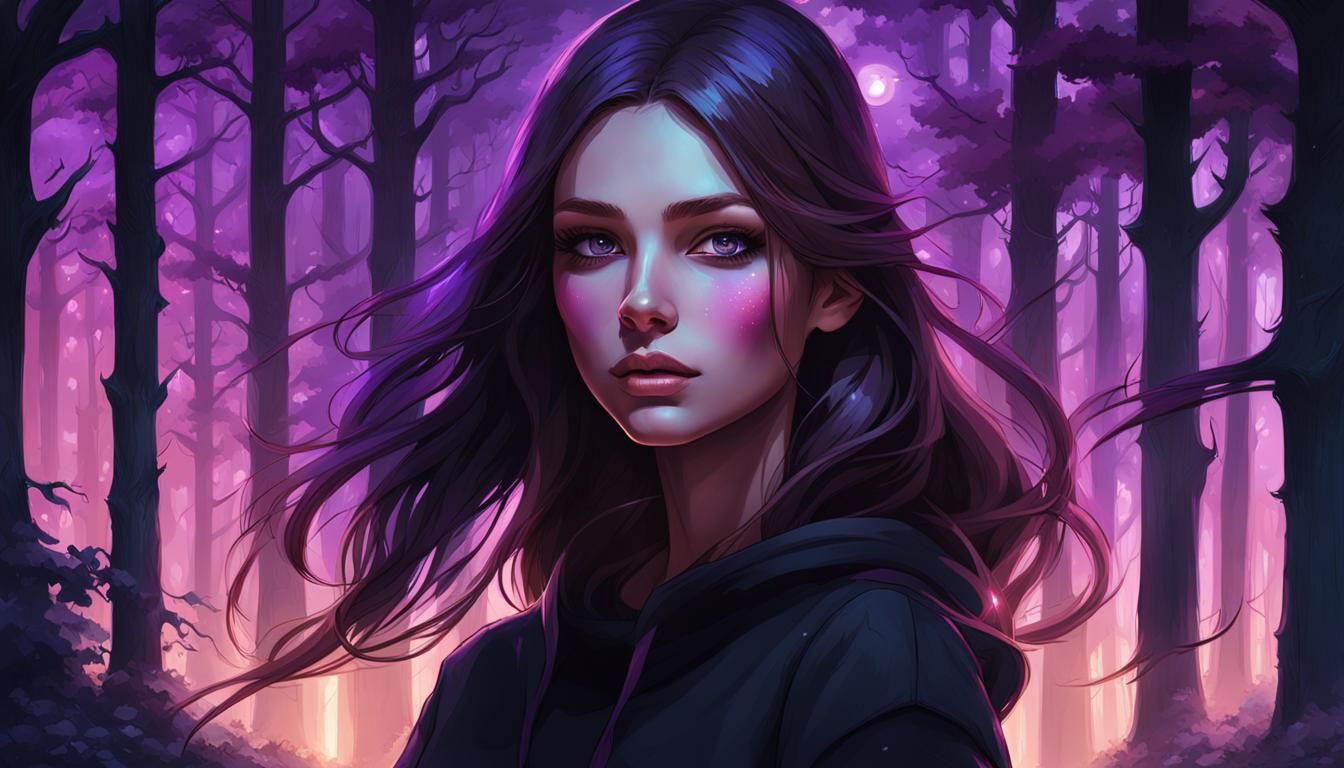 Enchanting Teenage Girl Portrait with Purple Magic