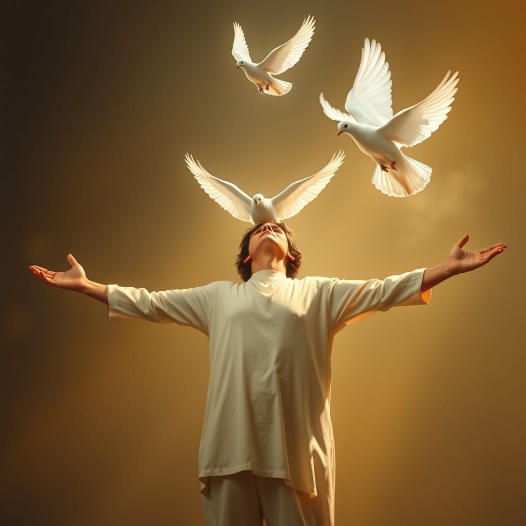 An oil painting-style portrait of a person receiving the Hol...