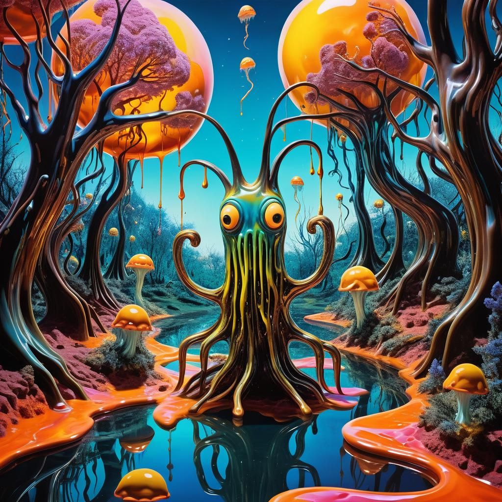 Surreal Creature Jumps in Dreamlike Neon Landscape