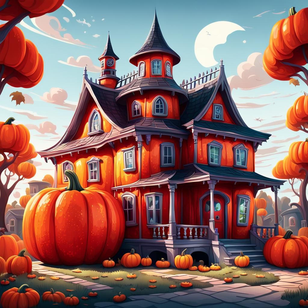 Red Pumpkin House in Stylized 2D Cartoon Illustration