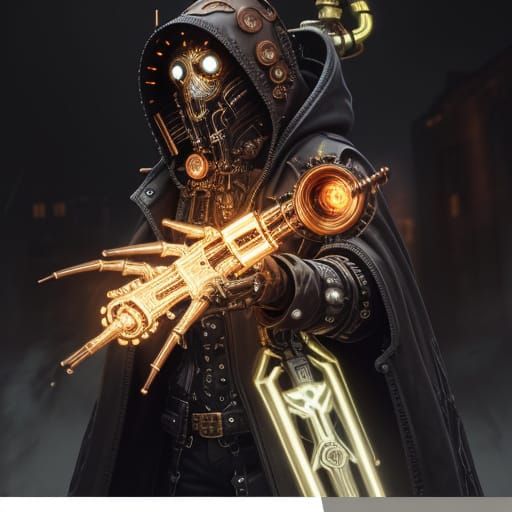 Steampunk Figure in Neon-Lit Alleyway