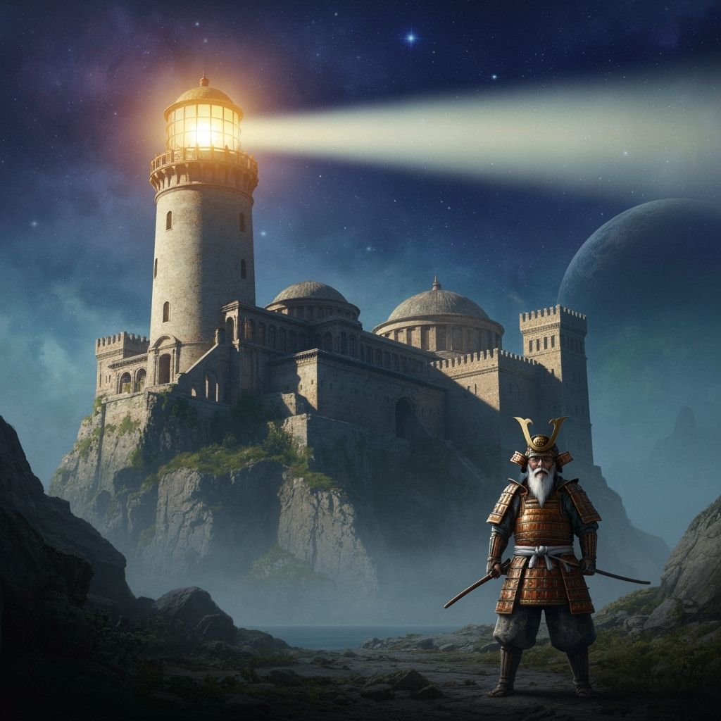 Byzantine Lighthouse on Alien Planet with Samurai Guard