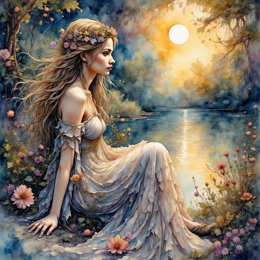 Ethereal Moonlit Scene with Woman by Water in Watercolor Sty...