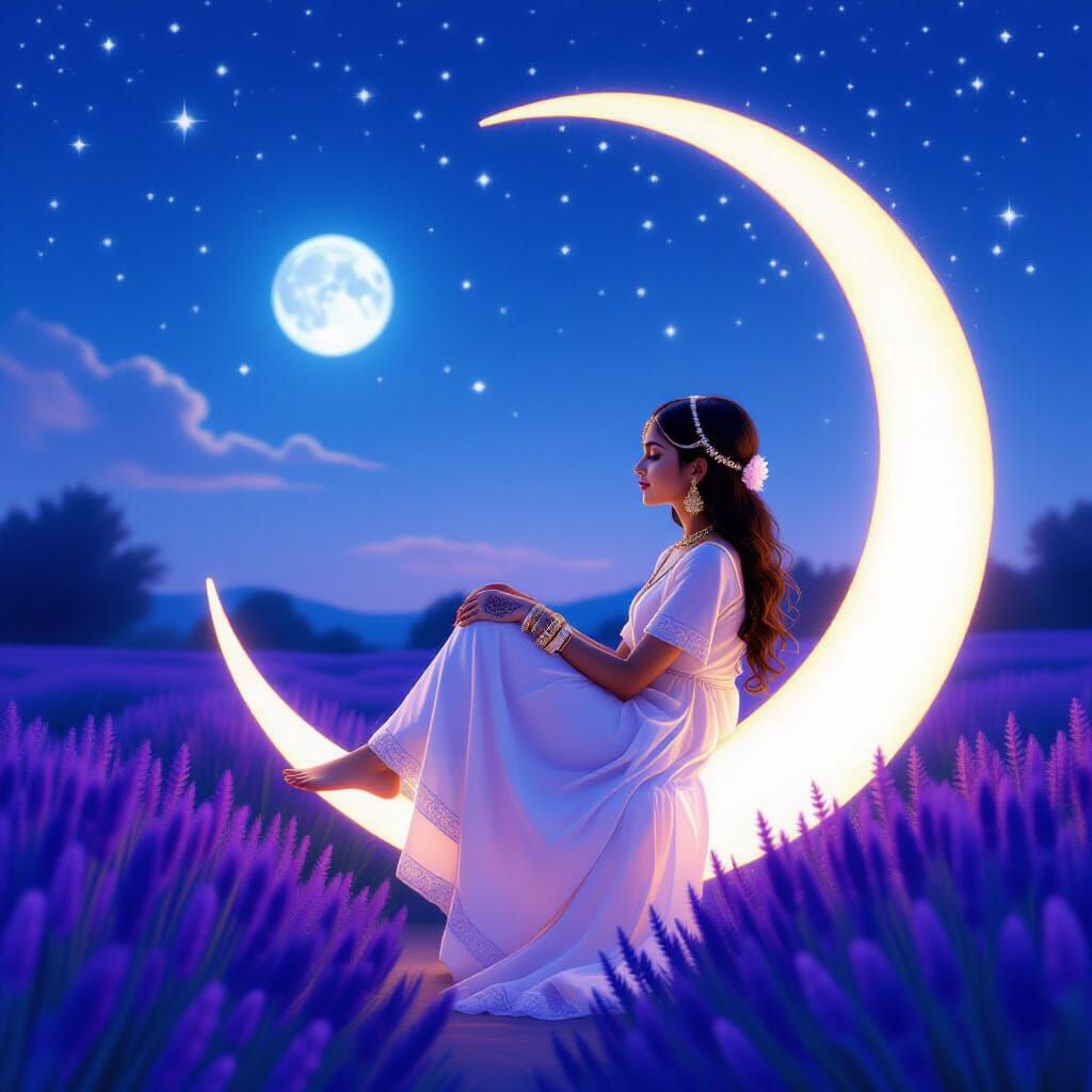 Indian Girl on Moon Swing in Lavender Garden