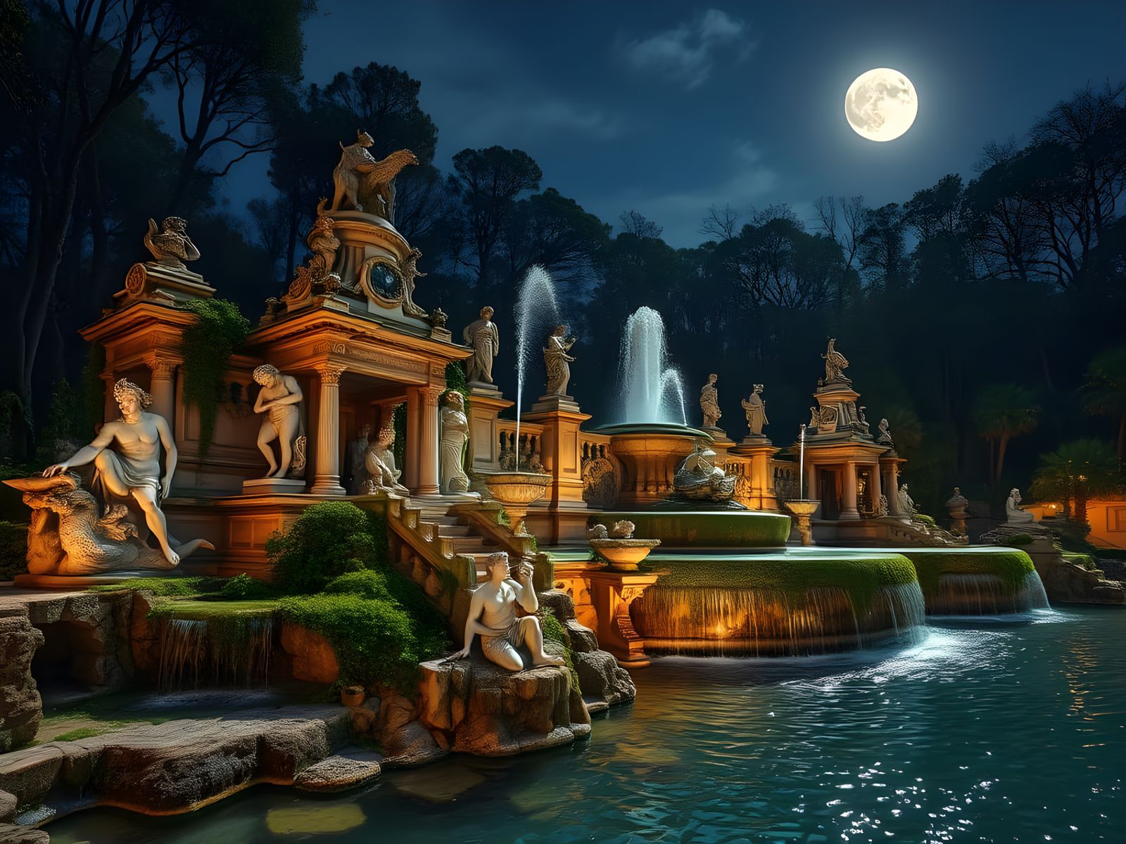Baroque Fountain at Natural Spring Under Moonlight