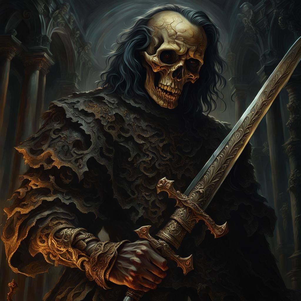 Decaying Man with Cursed Sword in Dark Fantasy