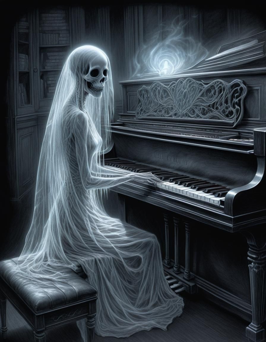 Ghostly Spirit Plays Piano: Haunting Pencil Sketch
