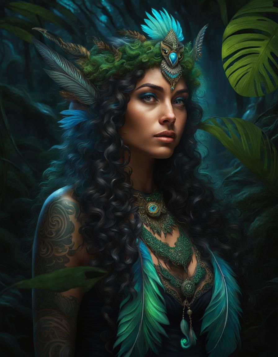 Fantasy Owlet Elf Portrait in Bioluminescent Jungle