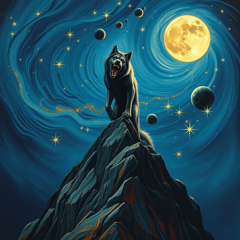 Werewolf Under Starry Night Sky in Cosmic Transformation