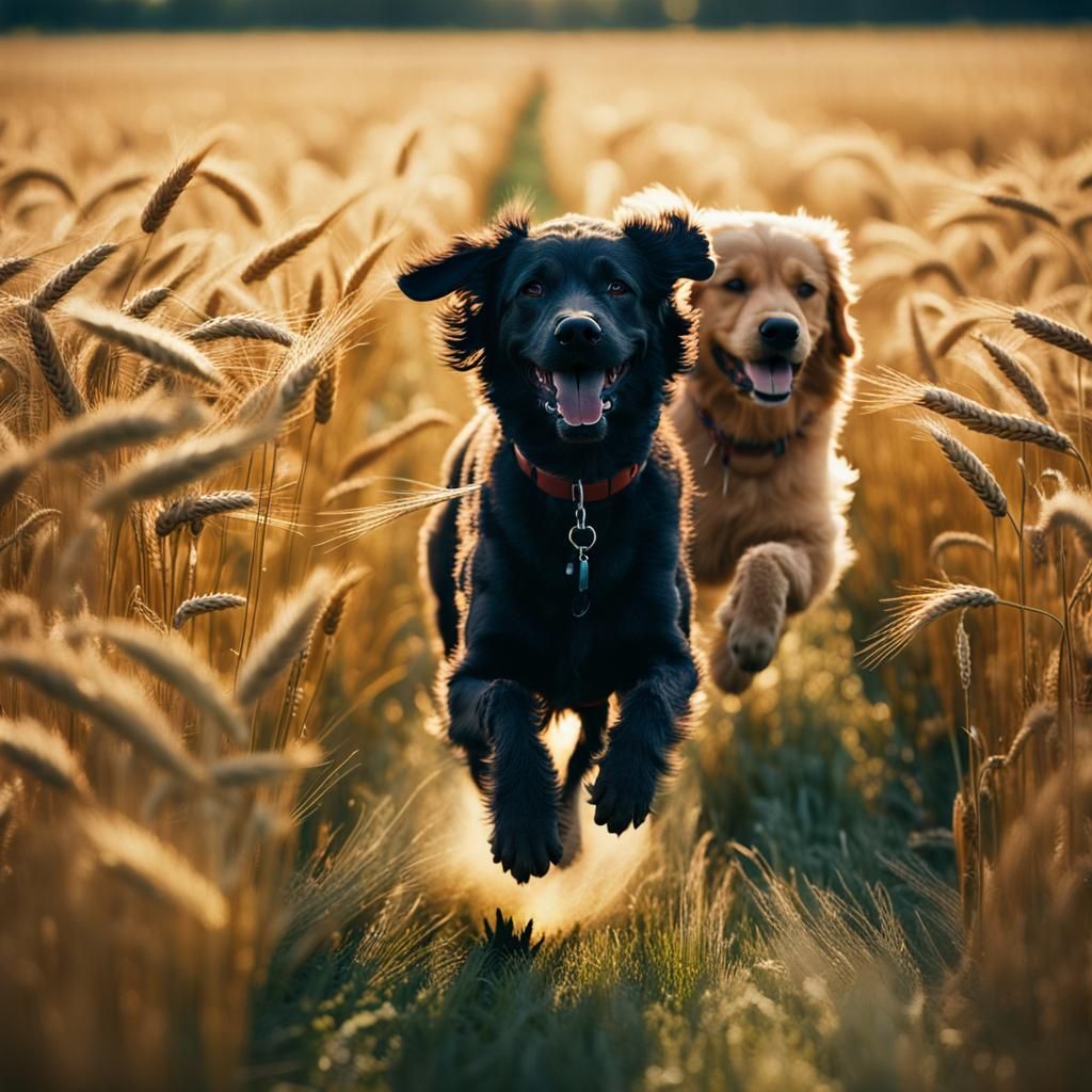 Dogs Running in Wheat Field at Sunrise