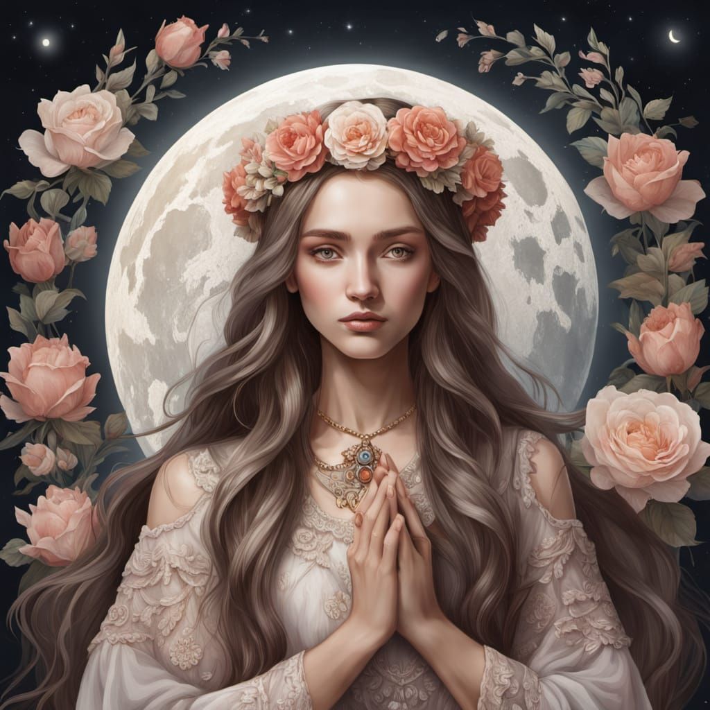 Ethereal Woman with Rose Crown in Mystical Moonlit Garden