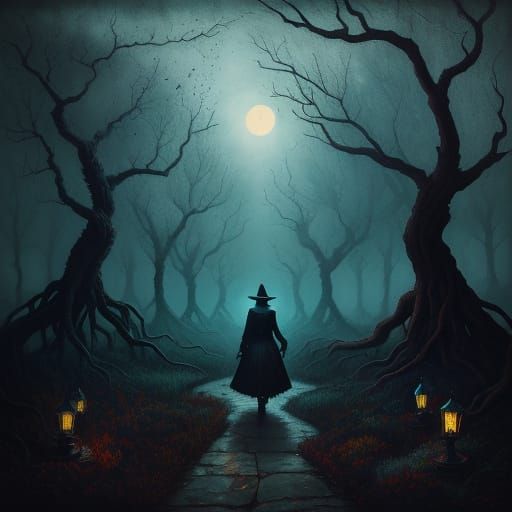 Eerie Figure in Surreal Oil Painting Gardens