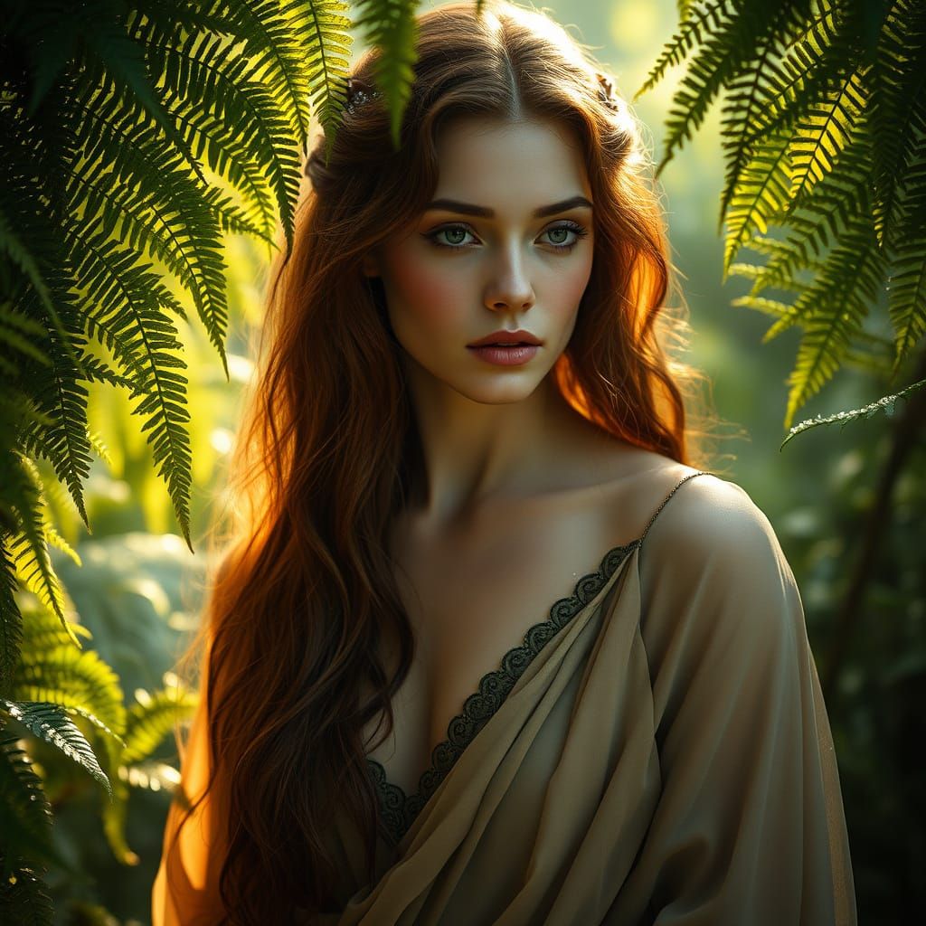 Ethereal Earth Goddess in a Tapestry of Lush Ferns