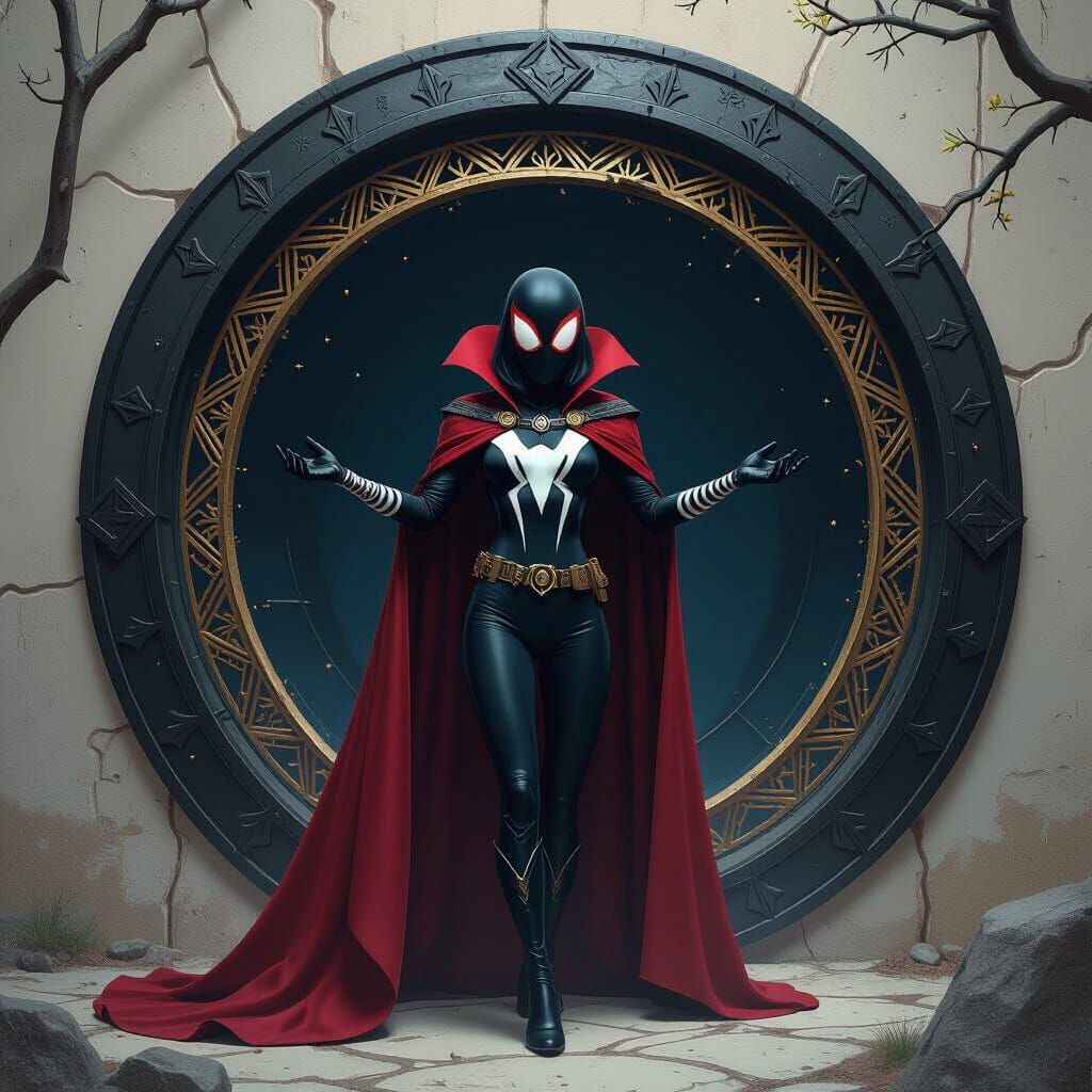 Spider-Woman Opens a Dark Portal in Dark Fantasy Style
