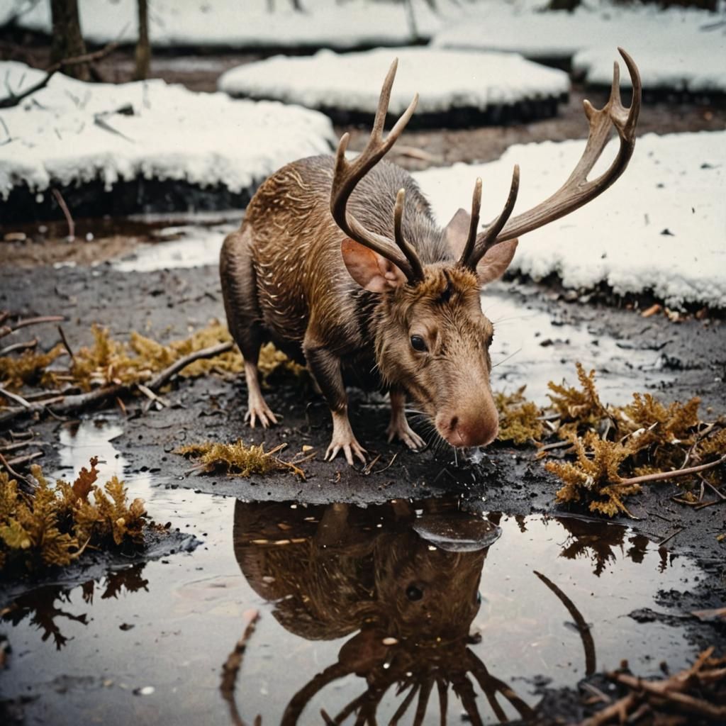 Mouse with Moose Antlers in Vintage Polaroid