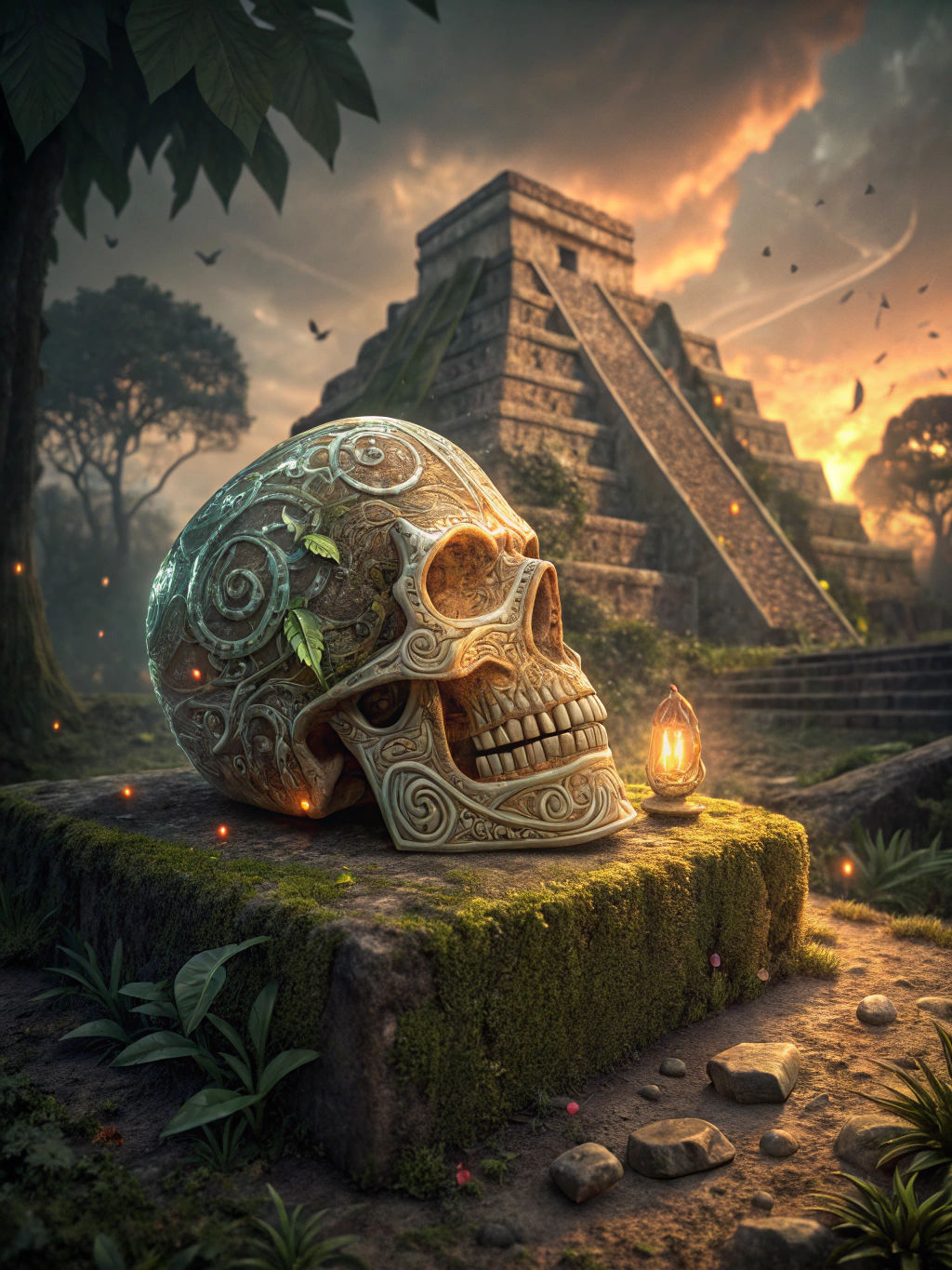 Glowing Crystal Skull on Aztec Altar