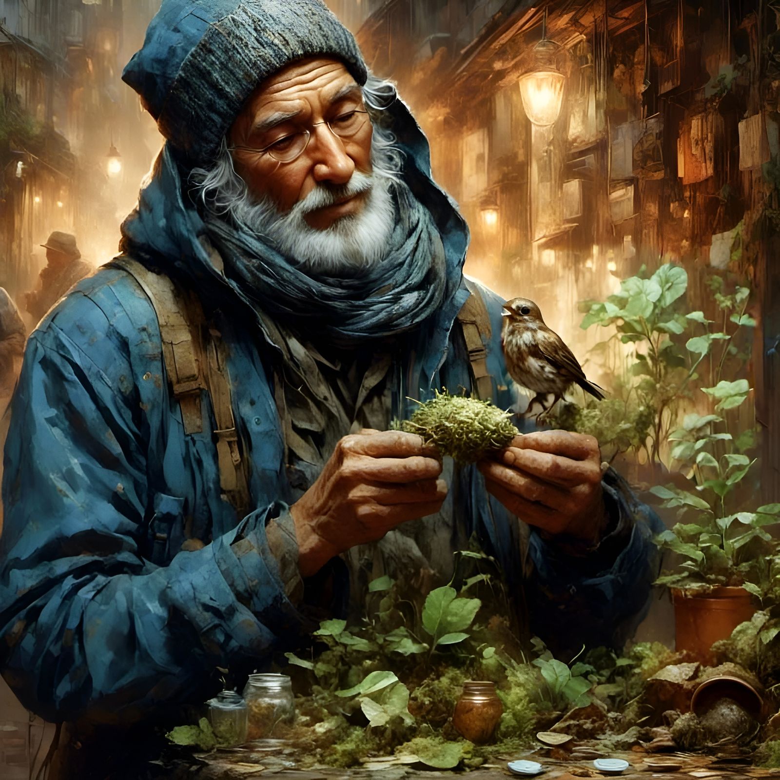 Cute Sparrow Ink Illustration in Mixed Media