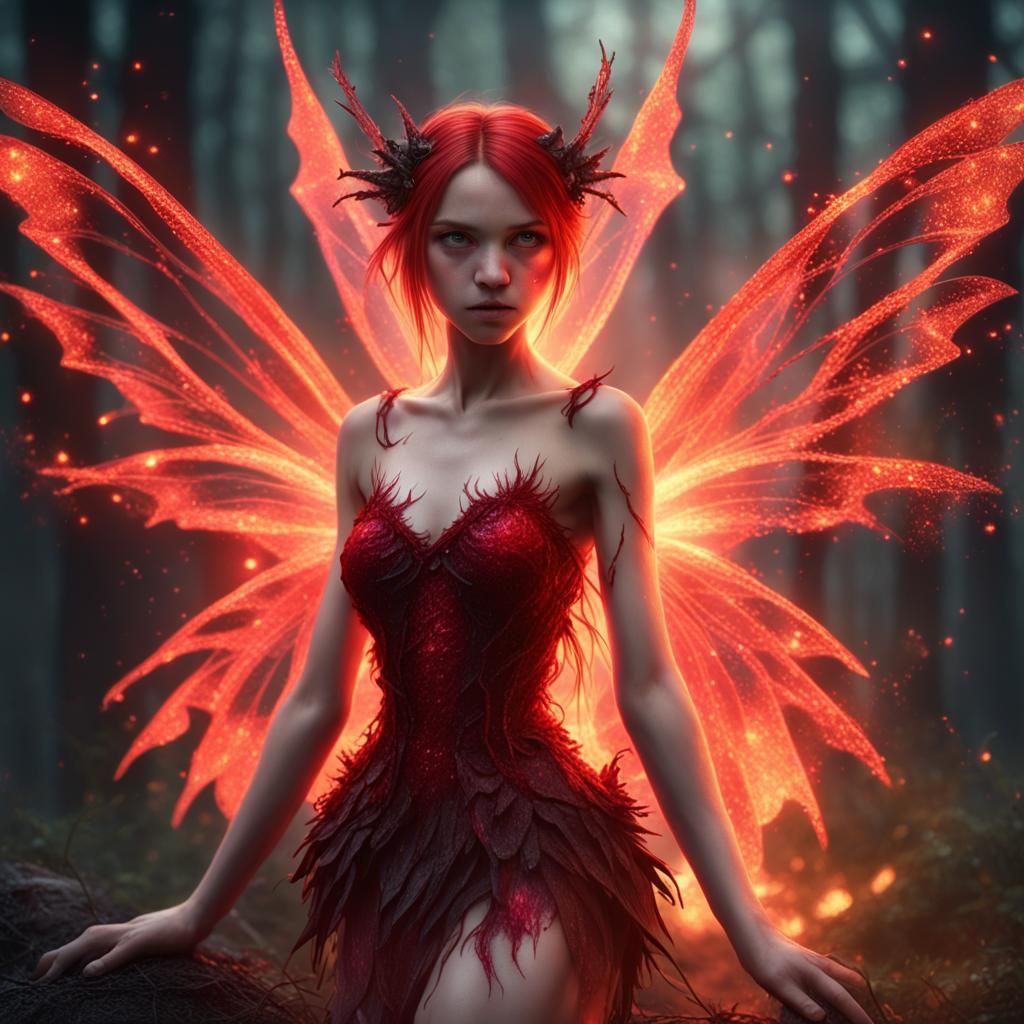 Demonic Fairy Battle in Burning Forest, Hyperrealism