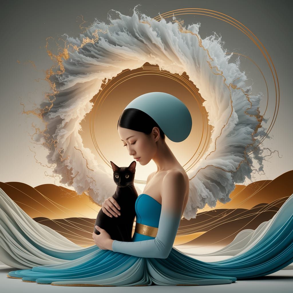 Japanese Woman with Cat in Fluid Ink Style
