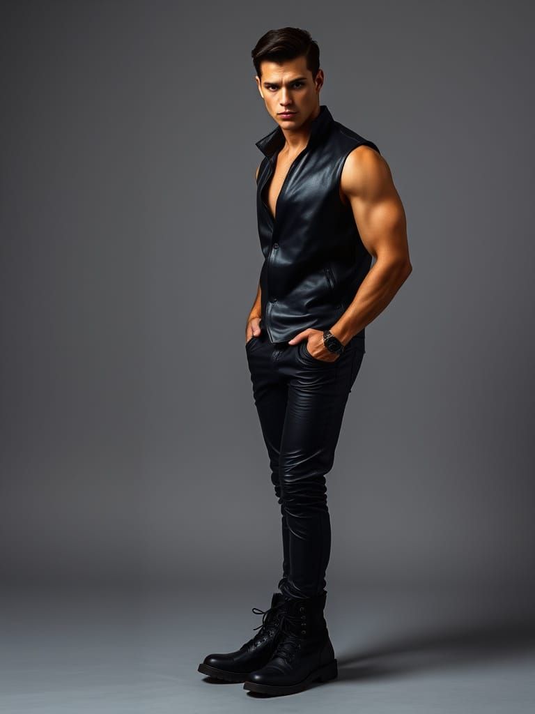 Edgy Male Model in Leather, Editorial Fashion Photo