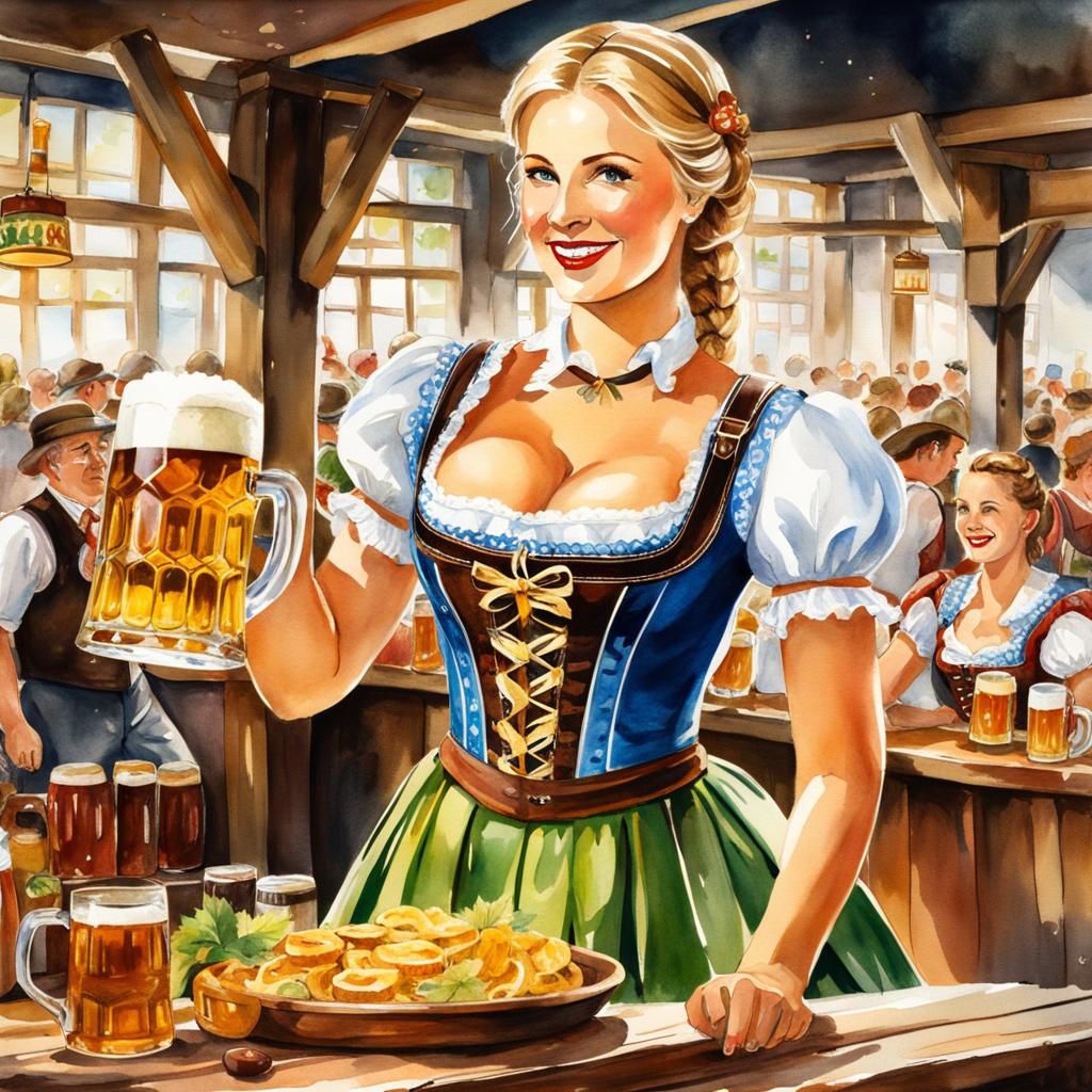 Oktoberfest Woman with Beer Steins: Watercolor Illustration