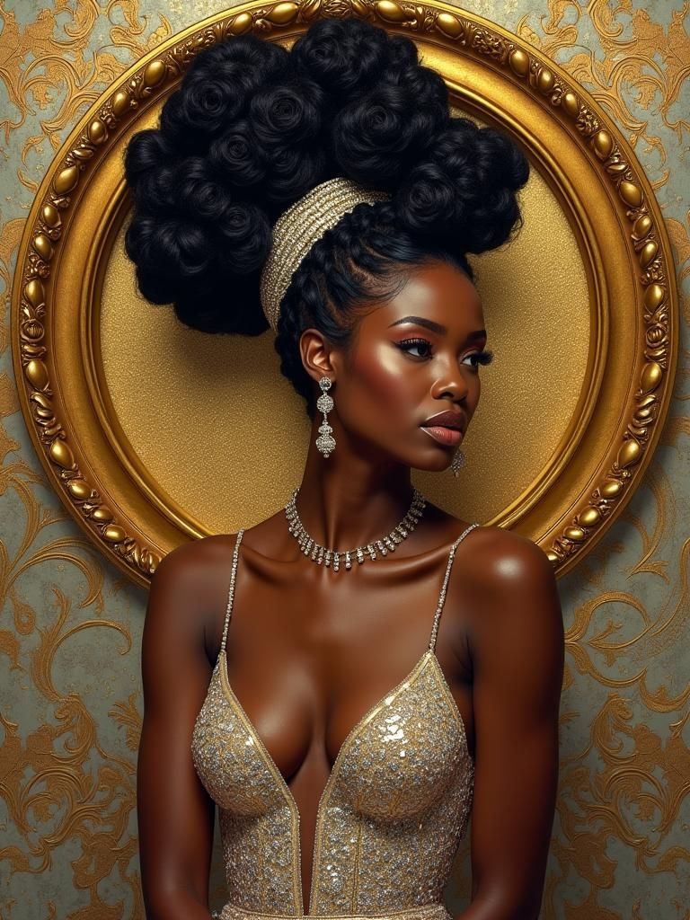 Mosaic Portrait of Elegant Woman in Golden Frame