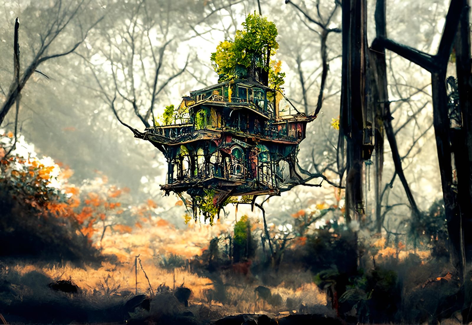 Post-Apocalyptic Victorian Haunted Treehouse at Sunset