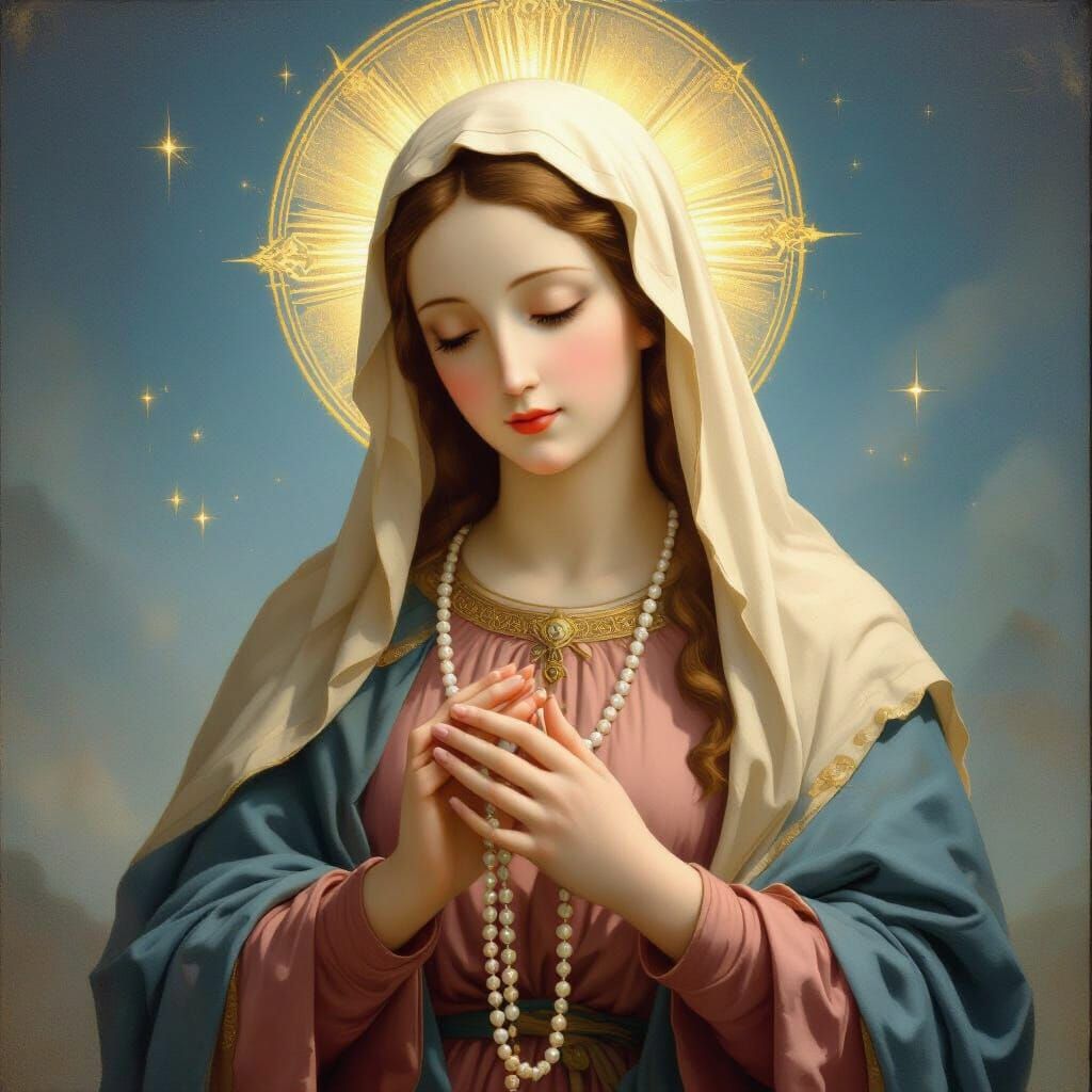 Mary Mother of God Holding Rosary in Renaissance Style