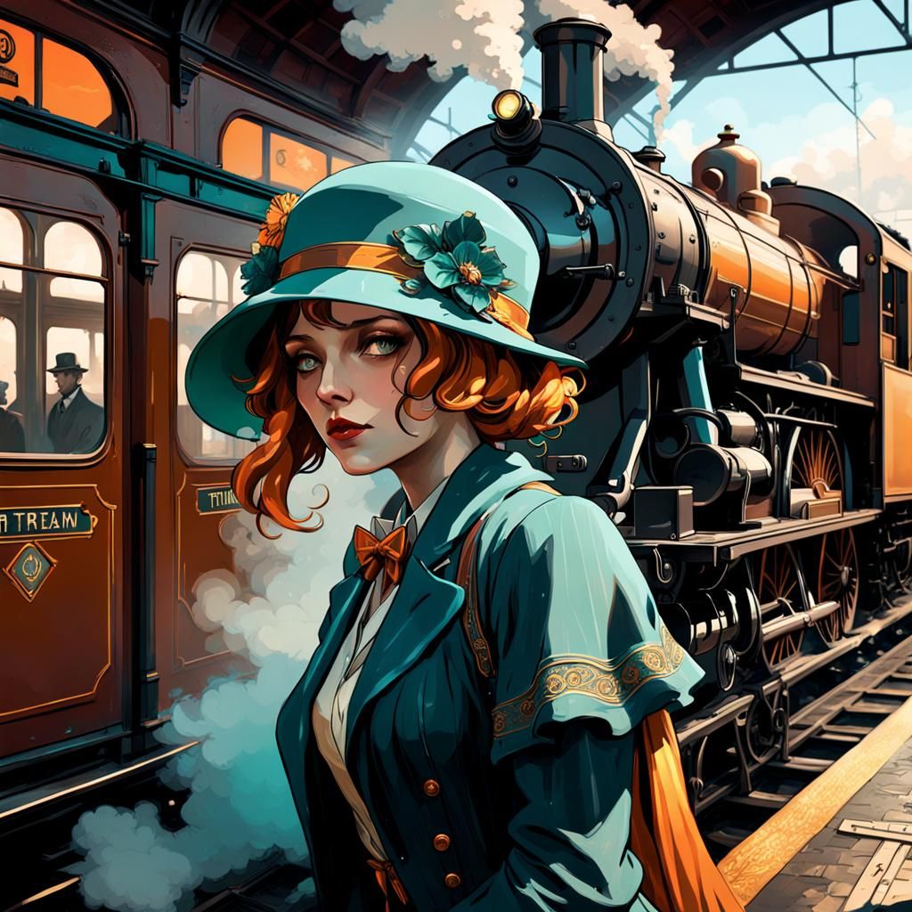 1920s girl waiting for the steam train on the platform.