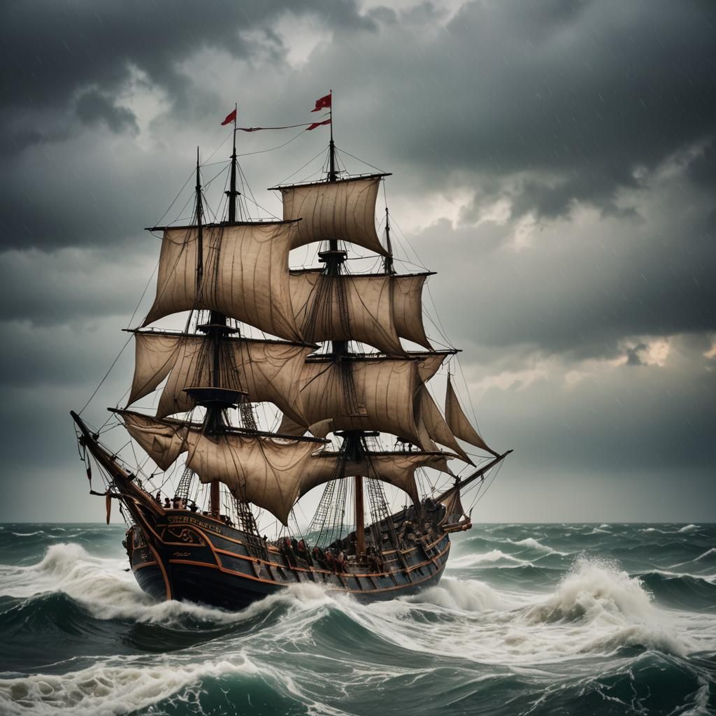 Medieval Warship Sailing Through Stormy Sea