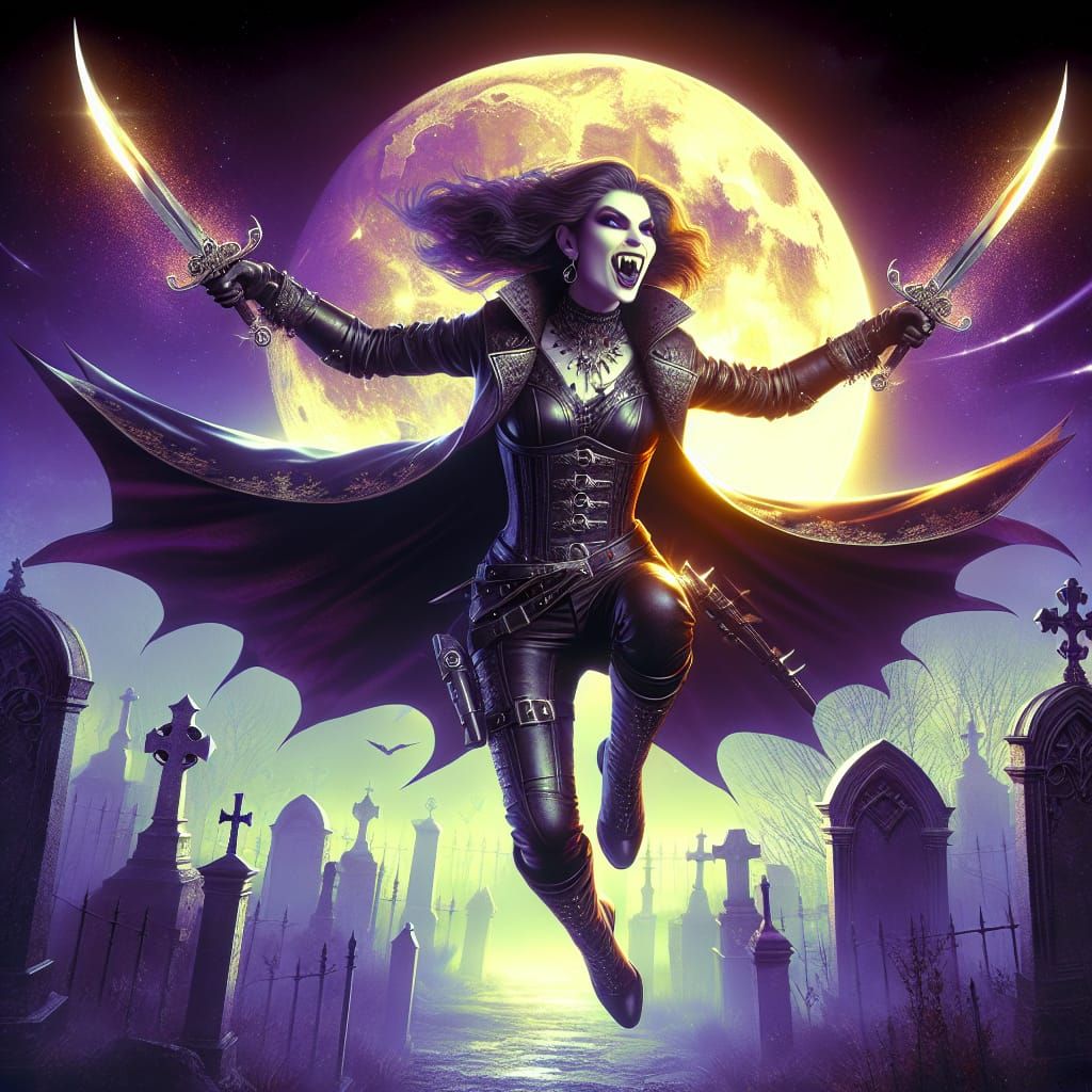 Vampire with Swords in Cemetery, Digital Fantasy Art