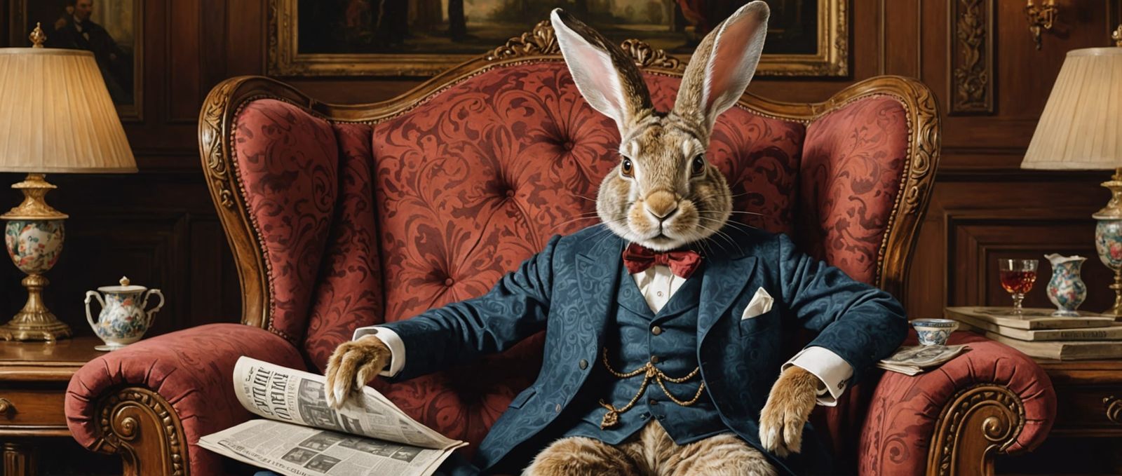 Edwardian Rabbit Reading Newspaper in Luxurious Interior