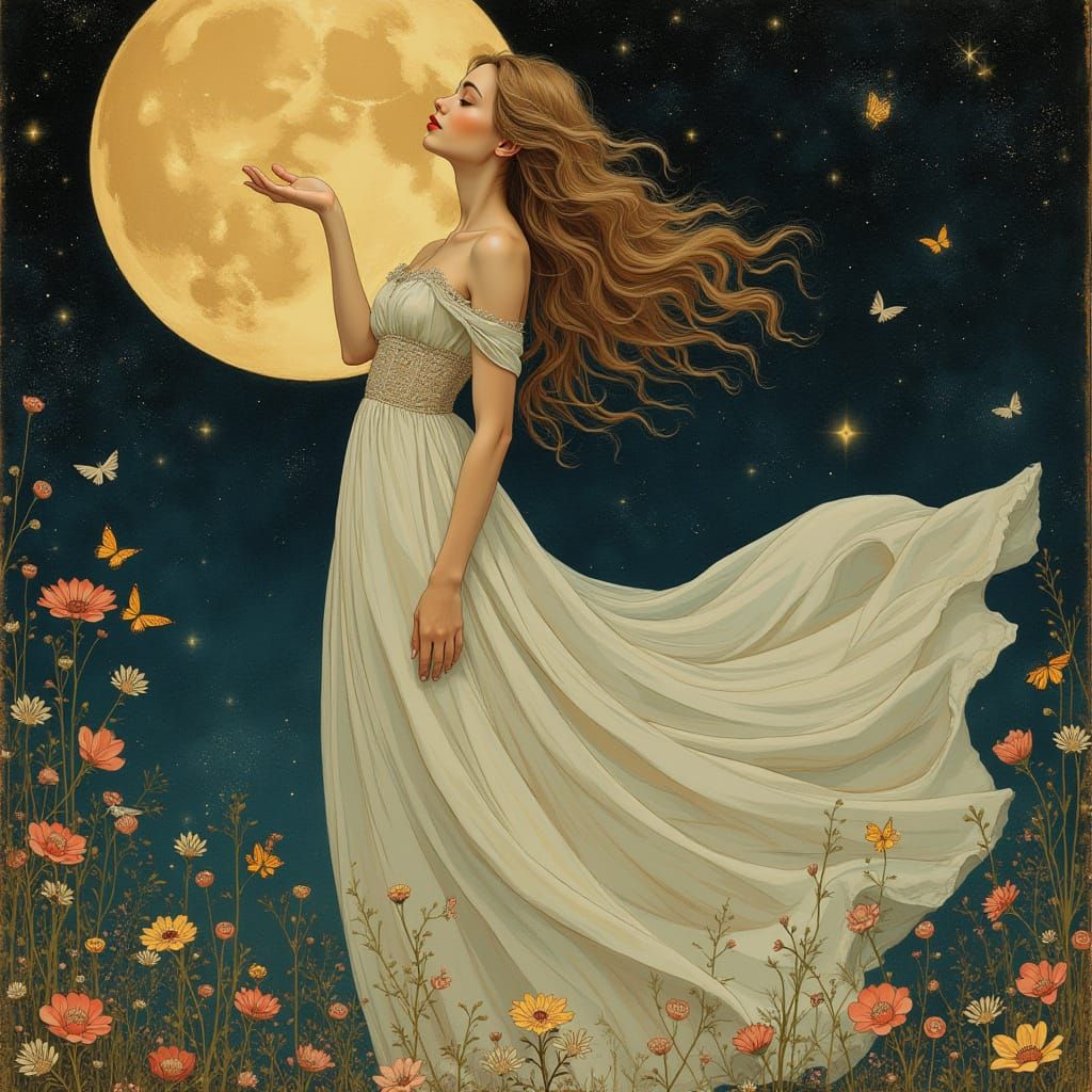 Woman Kisses Moon in Art Nouveau Style